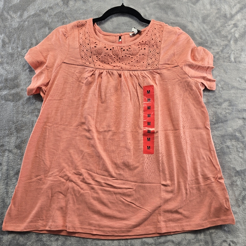 Ella Moss Women's Meduim Orange Eyelet Ruffle Sleeves Keyhole Blouse Meduim Nwt